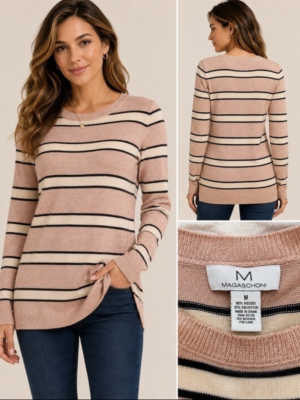Magaschoni Blush Pink Metallic Striped Long Sweater Size Medium